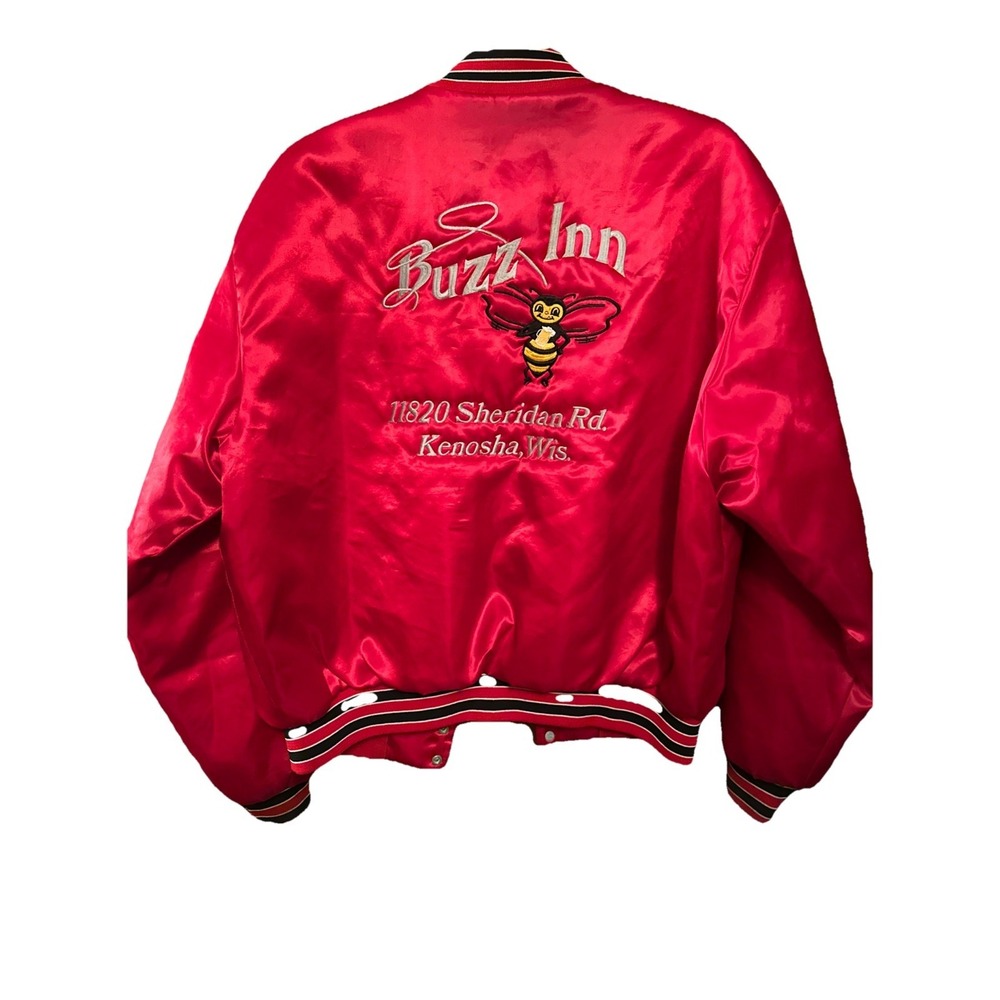 VTG 80's Kenosha Wisconsin 'Frankie' Satin Bomber Jacket‎ Men's XL Red Buzz Bar